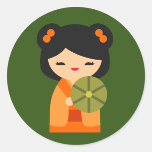 Cute orange Kokeshi Japanese dolls Classic Round Sticker