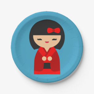 Cute orange Kokeshi Japanese dolls Paper Plate