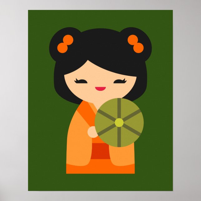 Cute orange Kokeshi Japanese dolls Poster (Front)