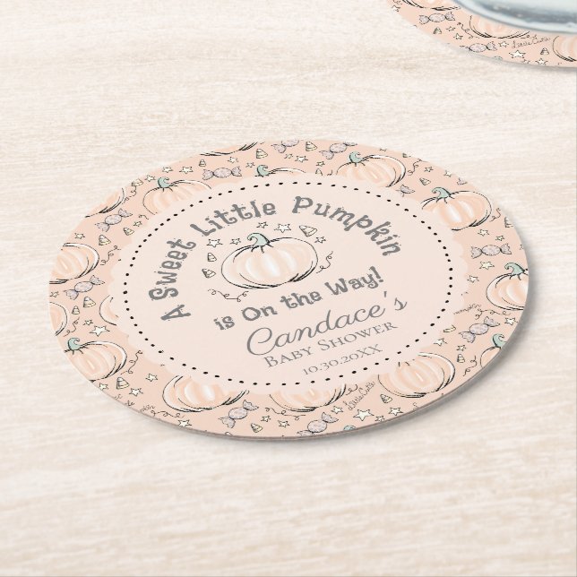 Cute Orange Little Pumpkin Fall Baby Shower Round Paper Coaster (Angled)