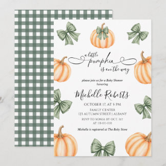 Cute Orange Little Pumpkin Green Plaid Baby Shower Invitation