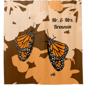 Cute Orange Mr & Mrs Monarch Butterfly Pair Shower Curtain