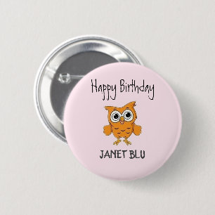 Cute orange owl happy birthday on pink 6 cm round badge