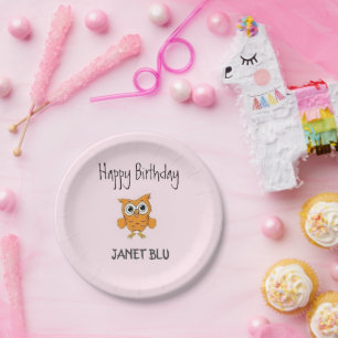 Cute orange owl happy birthday on pink paper plate