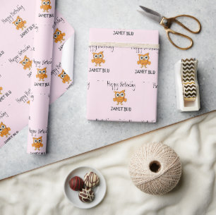 Cute orange owl happy birthday on pink wrapping paper