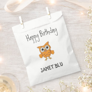 Cute orange owl happy birthday on white favour bag
