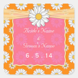 Cute Orange Pink and White Daisy Wedding Stickers