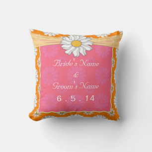 Cute Orange Pink and White Floral Daisy Wedding Cushion
