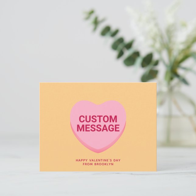 Cute orange pink custom message conversation heart postcard (Standing Front)