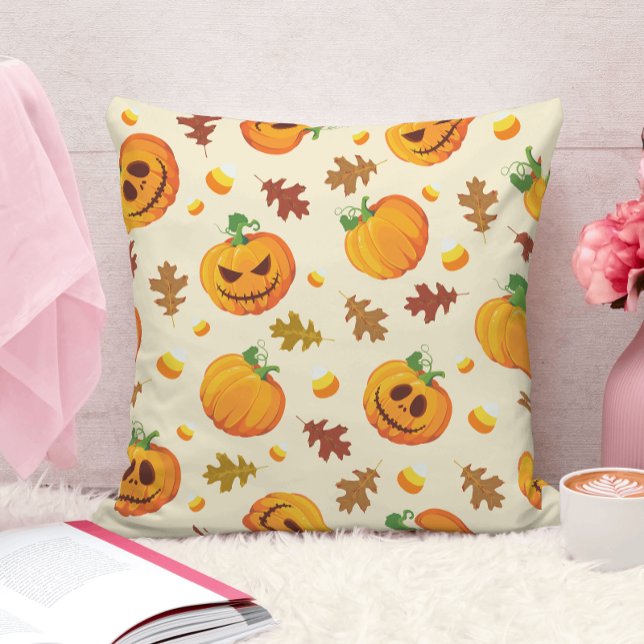 Cute Orange Pumpkin Autumn Leaf Pattern Cushion (Creator Uploaded)