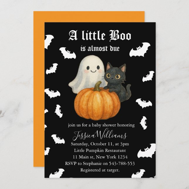Cute Orange Pumpkin Cat Bats Halloween Baby Shower Invitation (Front/Back)