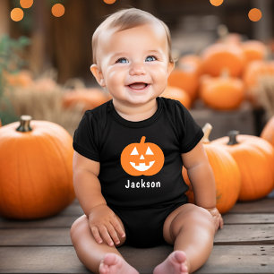 Cute Orange Pumpkin Custom Name Halloween Baby Bodysuit
