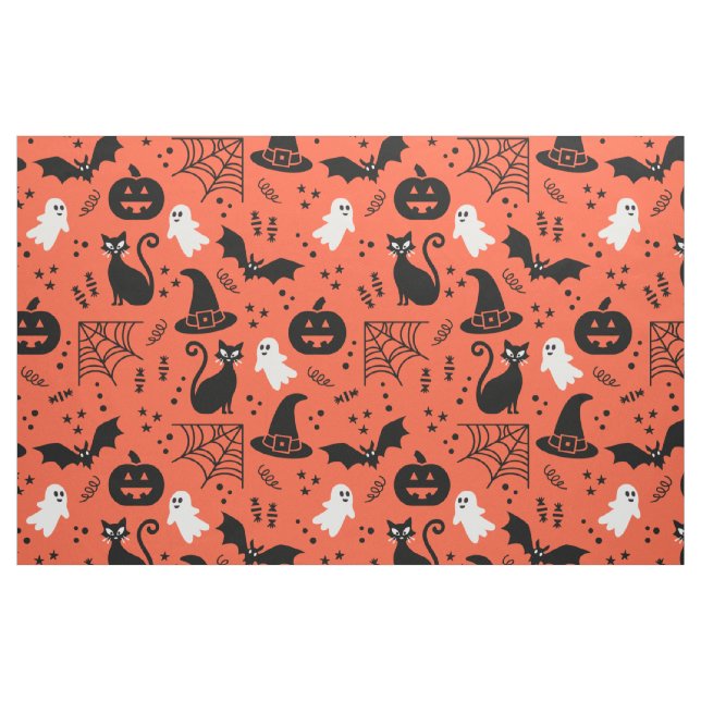 Cute Orange Pumpkin Ghost Halloween Pattern Fabric (Fat Quarter)