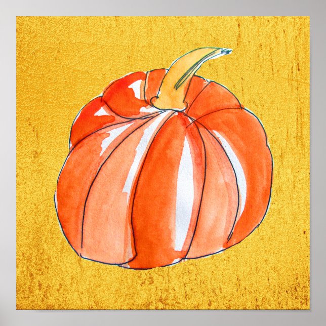 Cute orange pumpkin golden autumn kitchen art poster (Front)