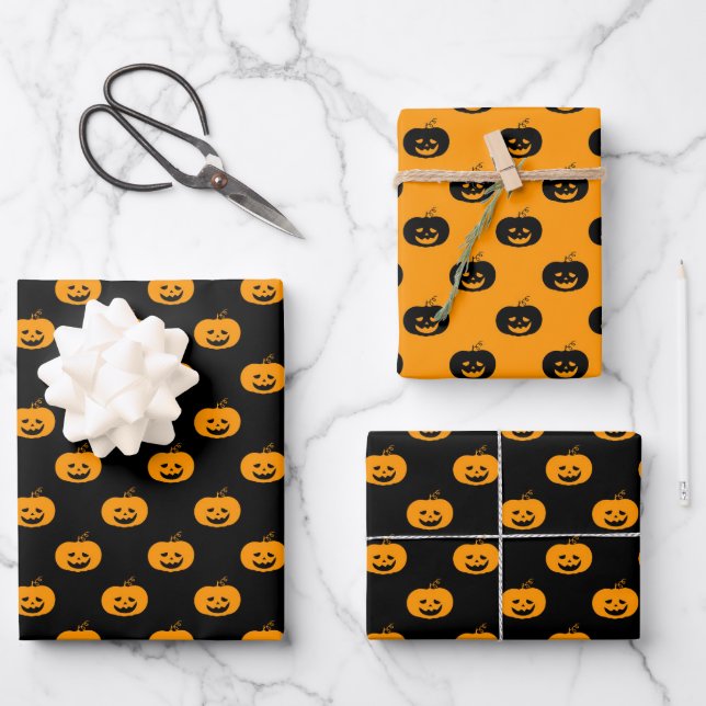 Cute Orange Pumpkin Halloween Pattern Wrapping Paper Sheet (Front)