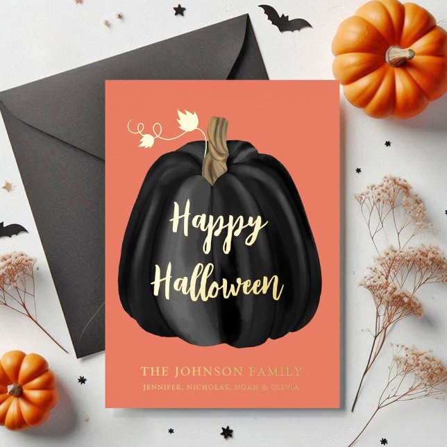 Cute Orange Pumpkin Happy Halloween Gold Foil Holiday Card (Cute Orange Pumpkin Happy Halloween Gold Foil Holiday Card)