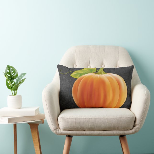 Cute Orange Pumpkin On Black Grey Chalkboard Lumbar Cushion (Chair)