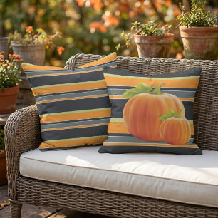 Cute Orange Pumpkin On Vibrant Stripes Pattern Cushion