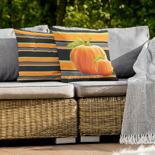 Cute Orange Pumpkin On Vibrant Stripes Pattern Cushion