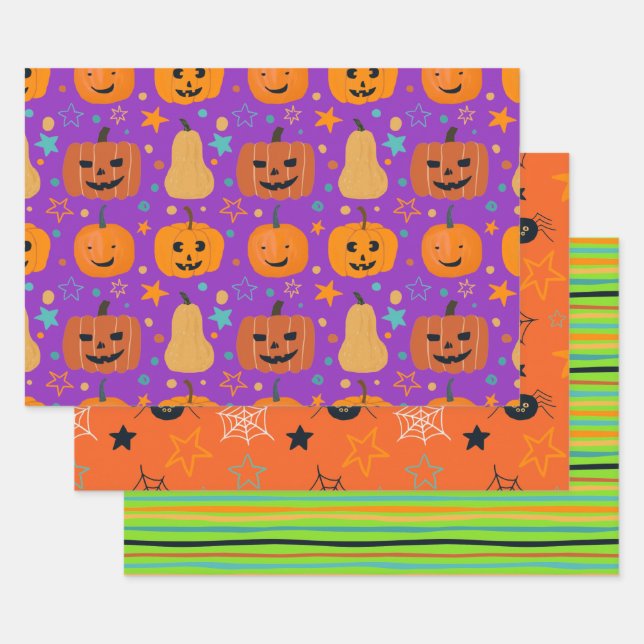 Cute Orange Purple Green Fun Halloween Pattern Wrapping Paper Sheet (Set)
