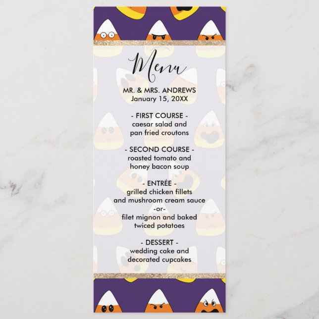 Cute Orange Purple Halloween Emoji Candy Corn Menu (Front)