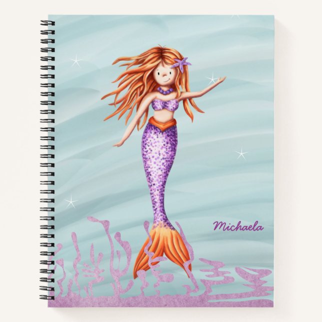 Cute Orange Purple Mermaid Illustration Notebook (Front)