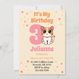 Cute Orange Rose Tabby Kitten Birthday Invitation