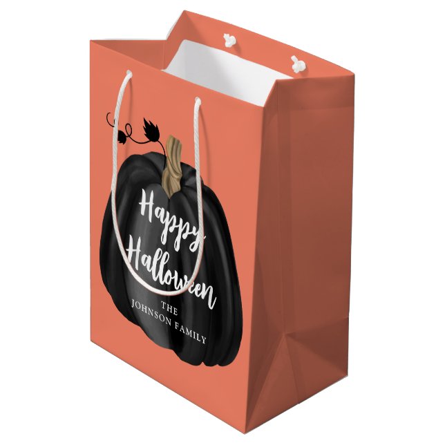 Cute Orange Script Pumpkin Happy Halloween Medium Gift Bag (Back Angled)