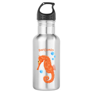 Cute orange seahorse bubbles cartoon illustration 532 ml water bottle