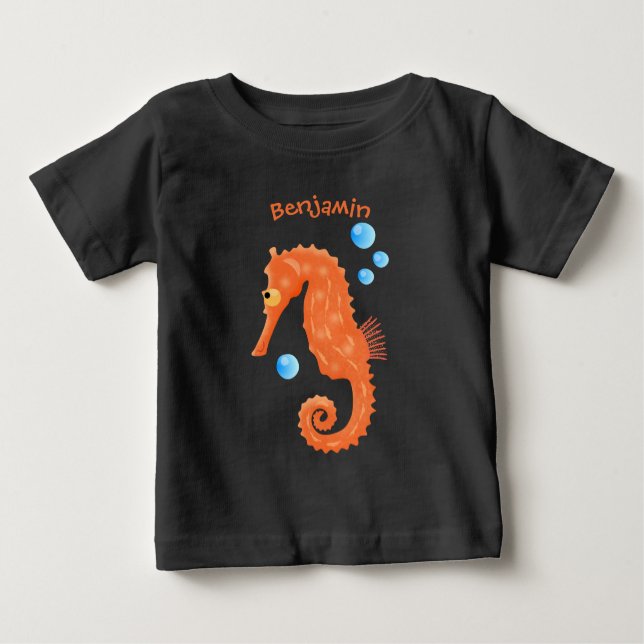 Cute orange seahorse bubbles cartoon illustration baby T-Shirt (Front)
