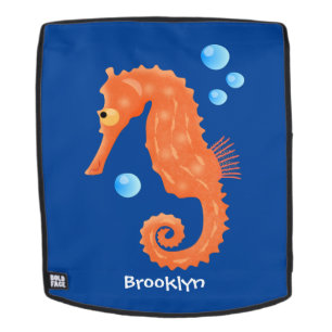 Cute orange seahorse bubbles cartoon illustration backpack
