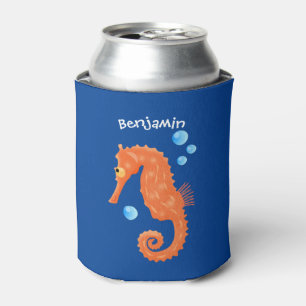 Cute orange seahorse bubbles cartoon illustration can cooler