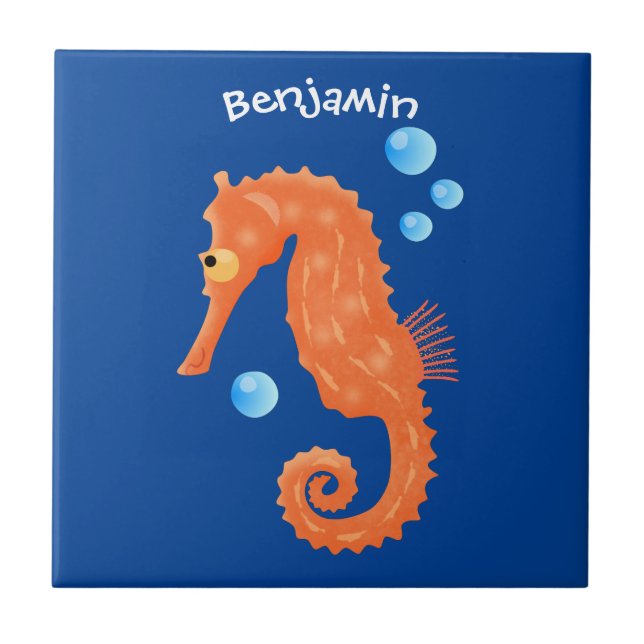 Cute orange seahorse bubbles cartoon illustration ceramic tile (Front)