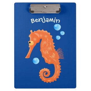 Cute orange seahorse bubbles cartoon illustration clipboard
