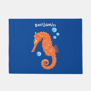 Cute orange seahorse bubbles cartoon illustration doormat