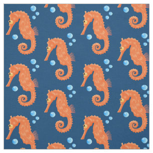 Cute orange seahorse bubbles cartoon illustration fabric