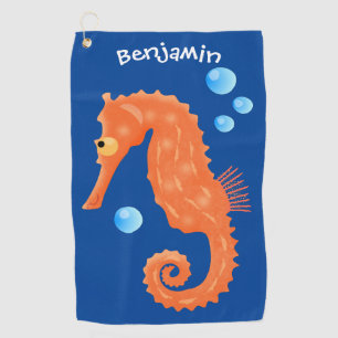 Cute orange seahorse bubbles cartoon illustration  golf towel