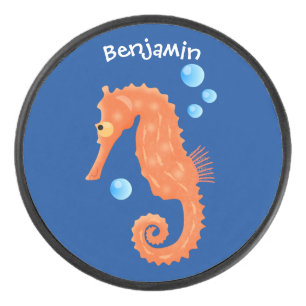 Cute orange seahorse bubbles cartoon illustration hockey puck