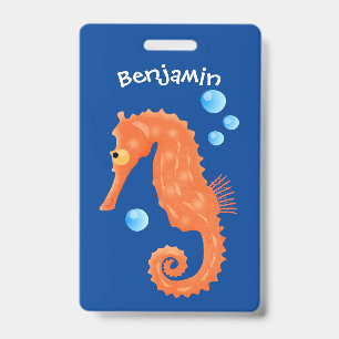 Cute orange seahorse bubbles cartoon illustration ID badge