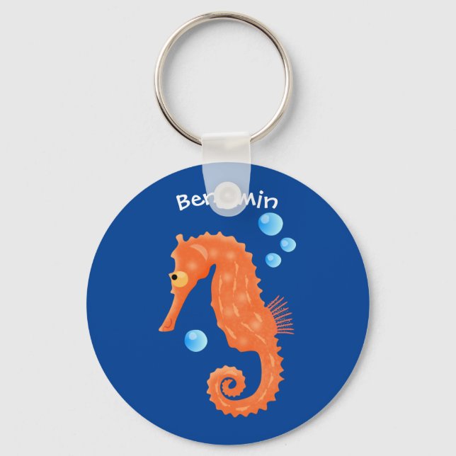 Cute orange seahorse bubbles cartoon illustration key ring (Front)