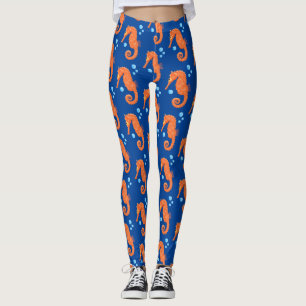 Cute orange seahorse bubbles cartoon illustration leggings