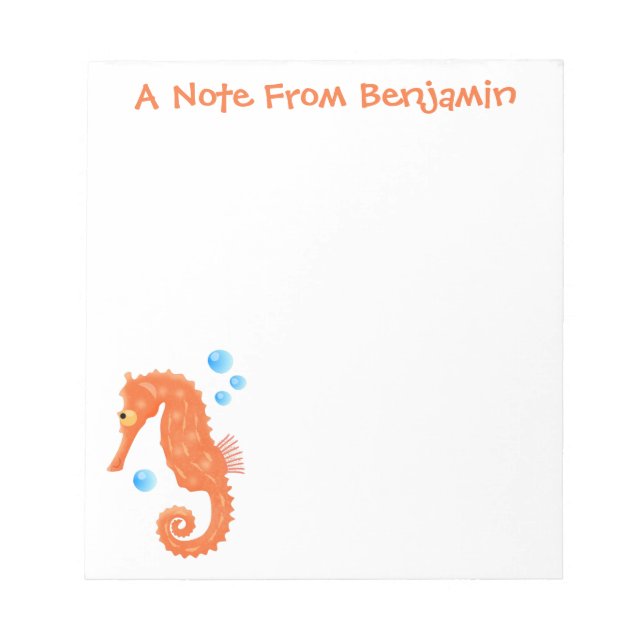 Cute orange seahorse bubbles cartoon illustration notepad (Front)