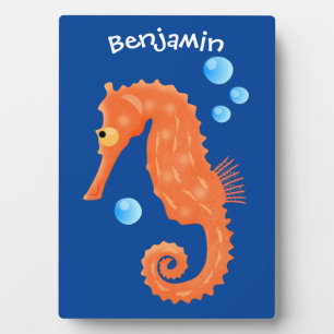 Cute orange seahorse bubbles cartoon illustration plaque