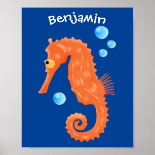 Cute orange seahorse bubbles cartoon illustration poster