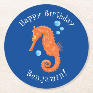 Cute orange seahorse bubbles cartoon illustration round paper coaster