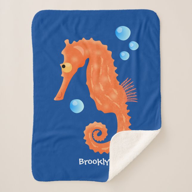 Cute orange seahorse bubbles cartoon illustration  sherpa blanket (Front)