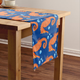 Cute orange seahorse bubbles cartoon illustration short table runner
