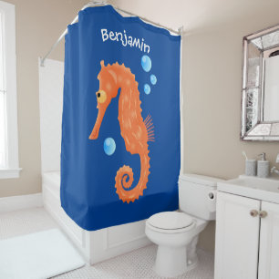 Cute orange seahorse bubbles cartoon illustration shower curtain