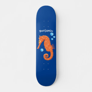 Cute orange seahorse bubbles cartoon illustration skateboard