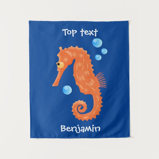 Cute orange seahorse bubbles cartoon illustration tapestry (Front)